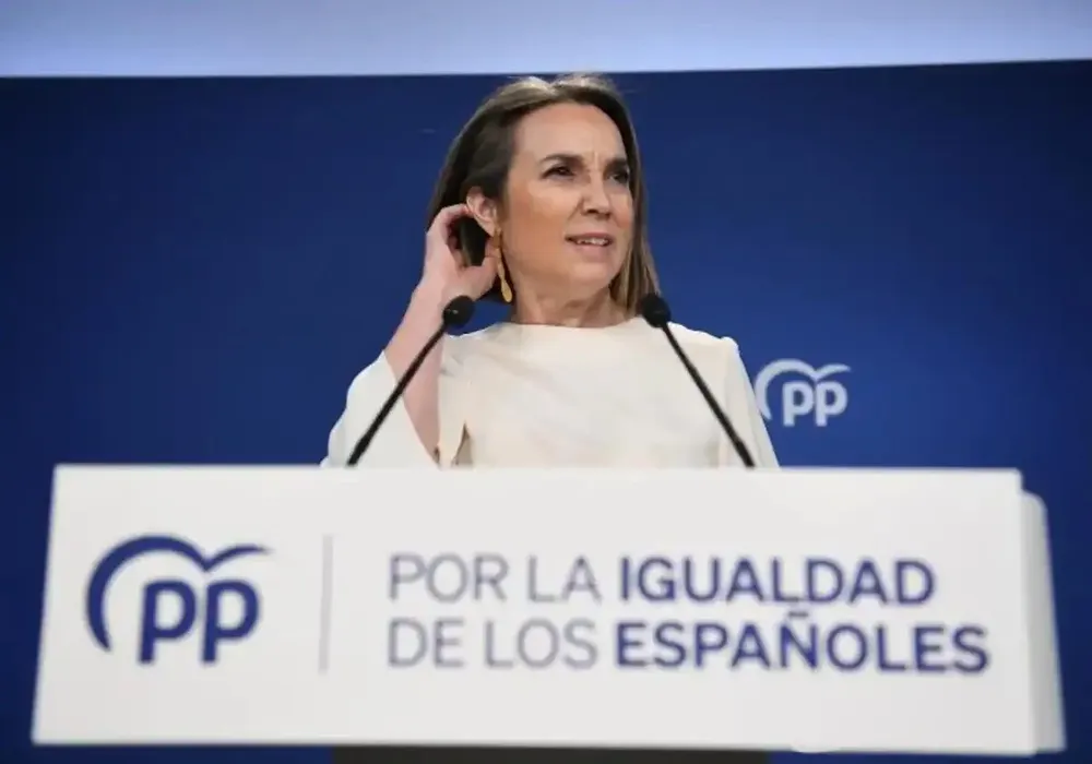 La secretaria general del PP, Cuca Gamarra, durante la rueda de prensa en Génova