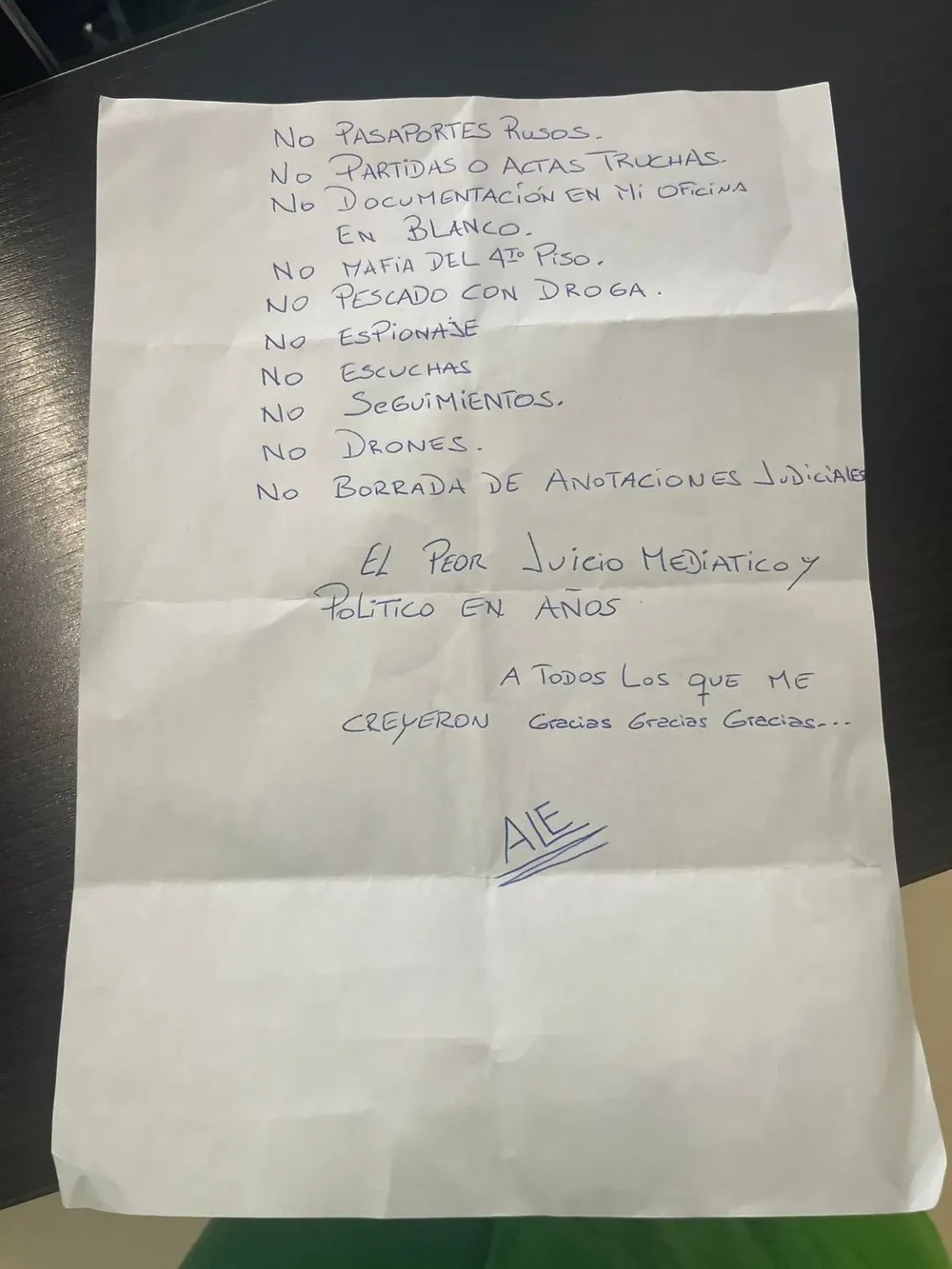 Carta que Astesiano dejó en el juzgado tras ser condenado a prisión