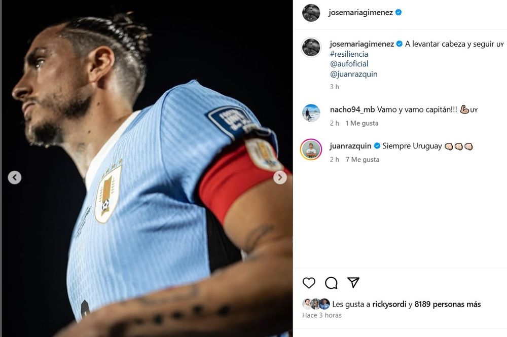 El mensaje de José María Giménez, capitán de la selección uruguaya, quien compartió su desazón tras la derrota ante Argentina por las Eliminatorias El mensaje de José María Giménez, capitán de la selección uruguaya, quien compartió su desazón tras la derrota ante Argentina por las Eliminatorias