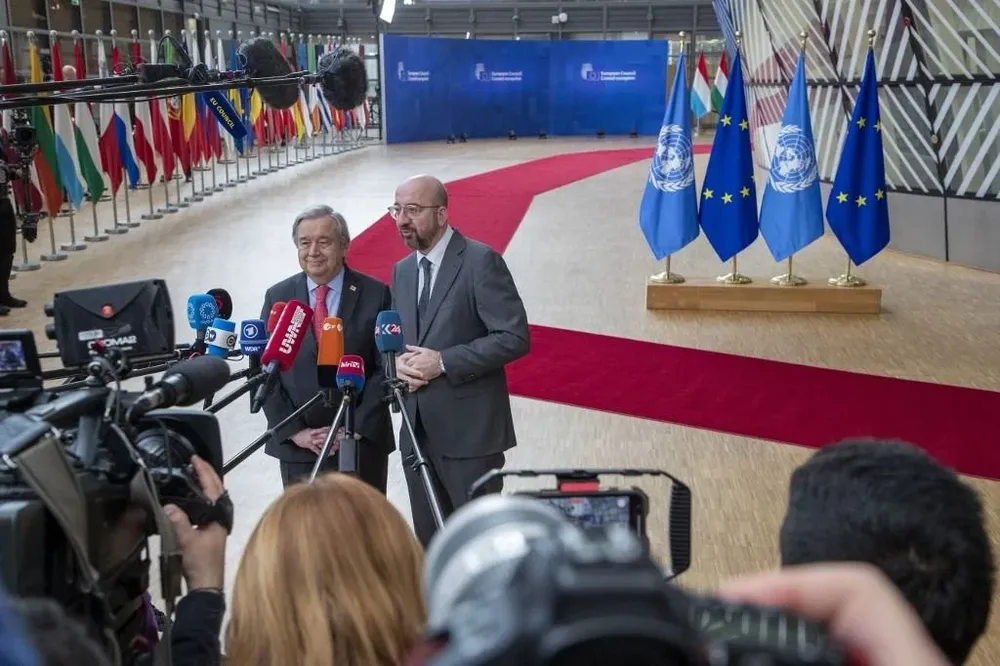 El secretario general de ONU António Guterres y el presidente del Consejo Europeo Charles Michel en conferencia de prensa