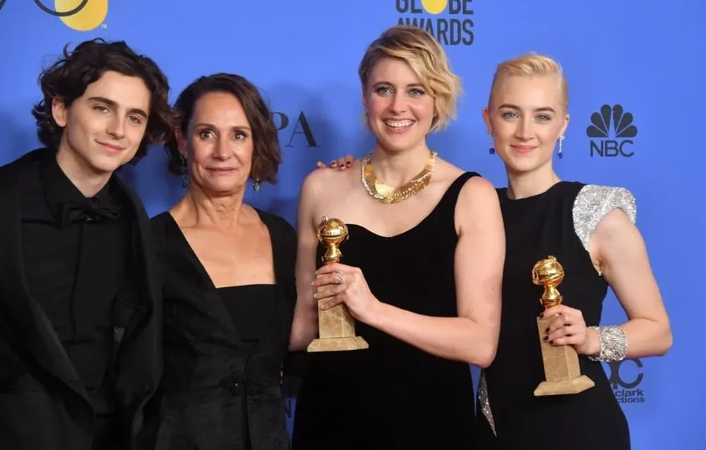 Timothee Chalamet, Laurie Metcalf, Greta gerwig y Saoirse Ronan, de Lady Bird