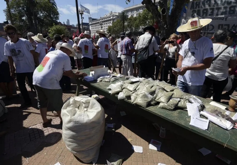 Durante una protesta en la provinica de Misiones (Argentina) productores regalan yerba mate