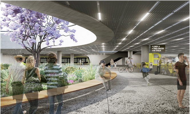 Visualización publicada por el BID sobre cómo quedaría el Nivel -1 de Tres Cruces, con plaza cubierta y locales comerciales
