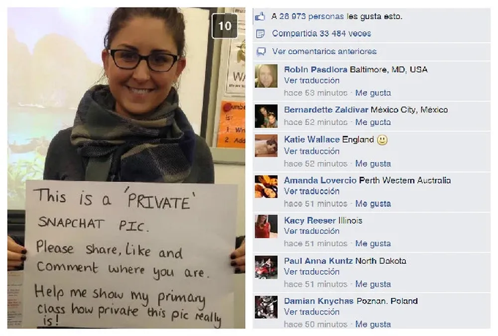 Esta es una foto privada de Snapchat. Por favor cliqueen en me gusta, compartan y digan desde dónde lo hacen. Déjenme mostrarle a mi clase de primaria qué tan privada es esta foto