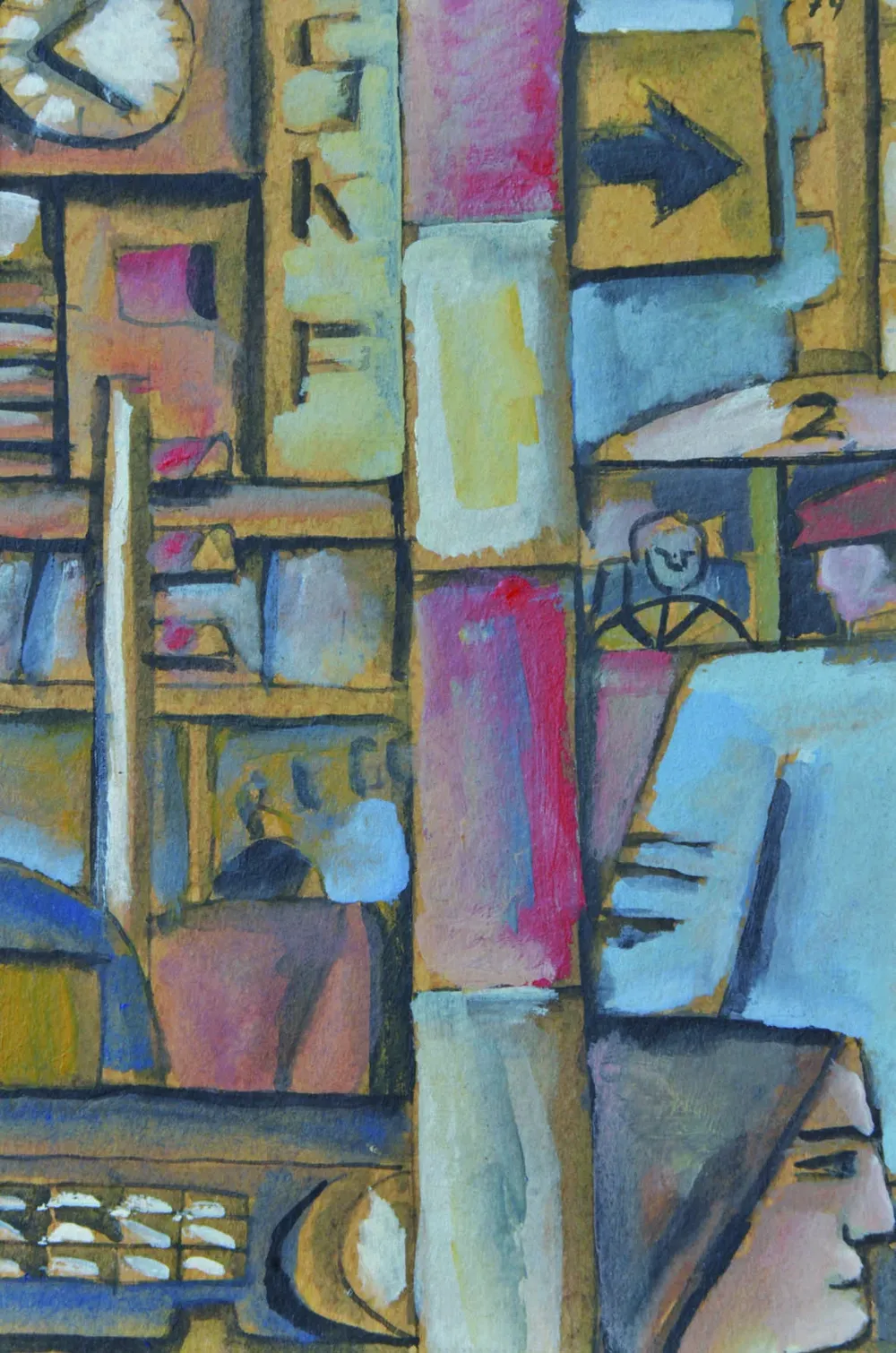 Escena de ciudad constructiva, una témpera sobre fibra del pintor Adolfo Nigro