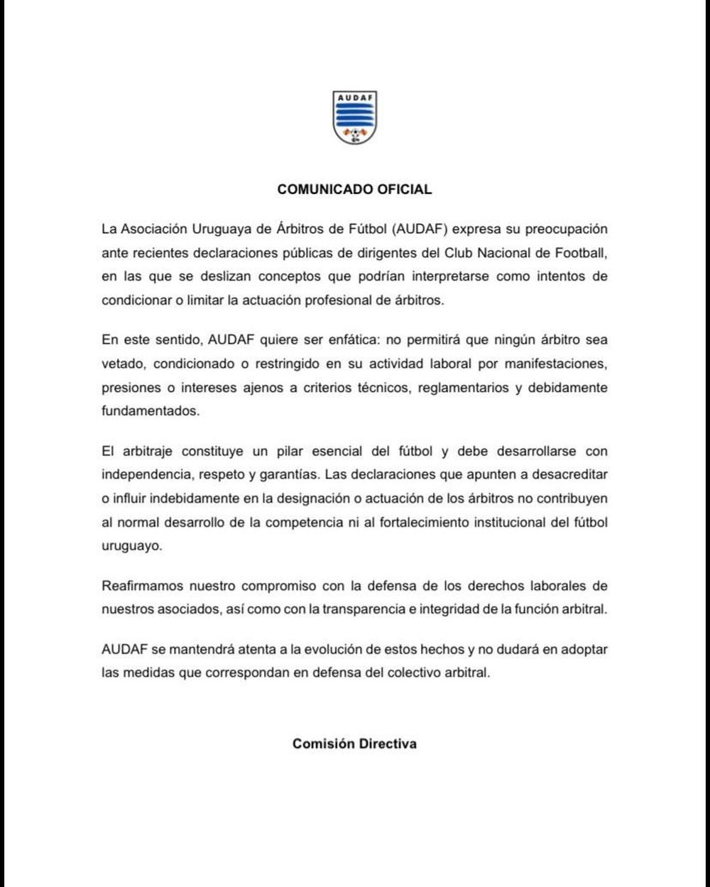 El comunicado de Audaf en respuesta a Nacional