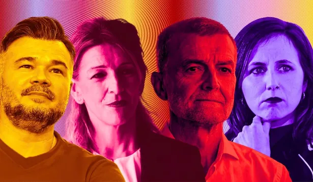 Los dirigentes de la izquierda española Gabriel Rufián, Yolanda Díaz, Antonio Maillo y Ione Belarra.&nbsp;