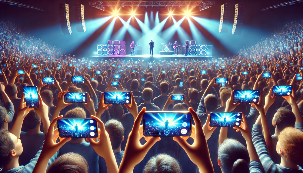 DALL·E 2025-01-08 14.22.14 - A hyperrealistic illustration of a large crowd of people capturing photos and filming with their smartphones at a live performance. The scene is vibra.webp