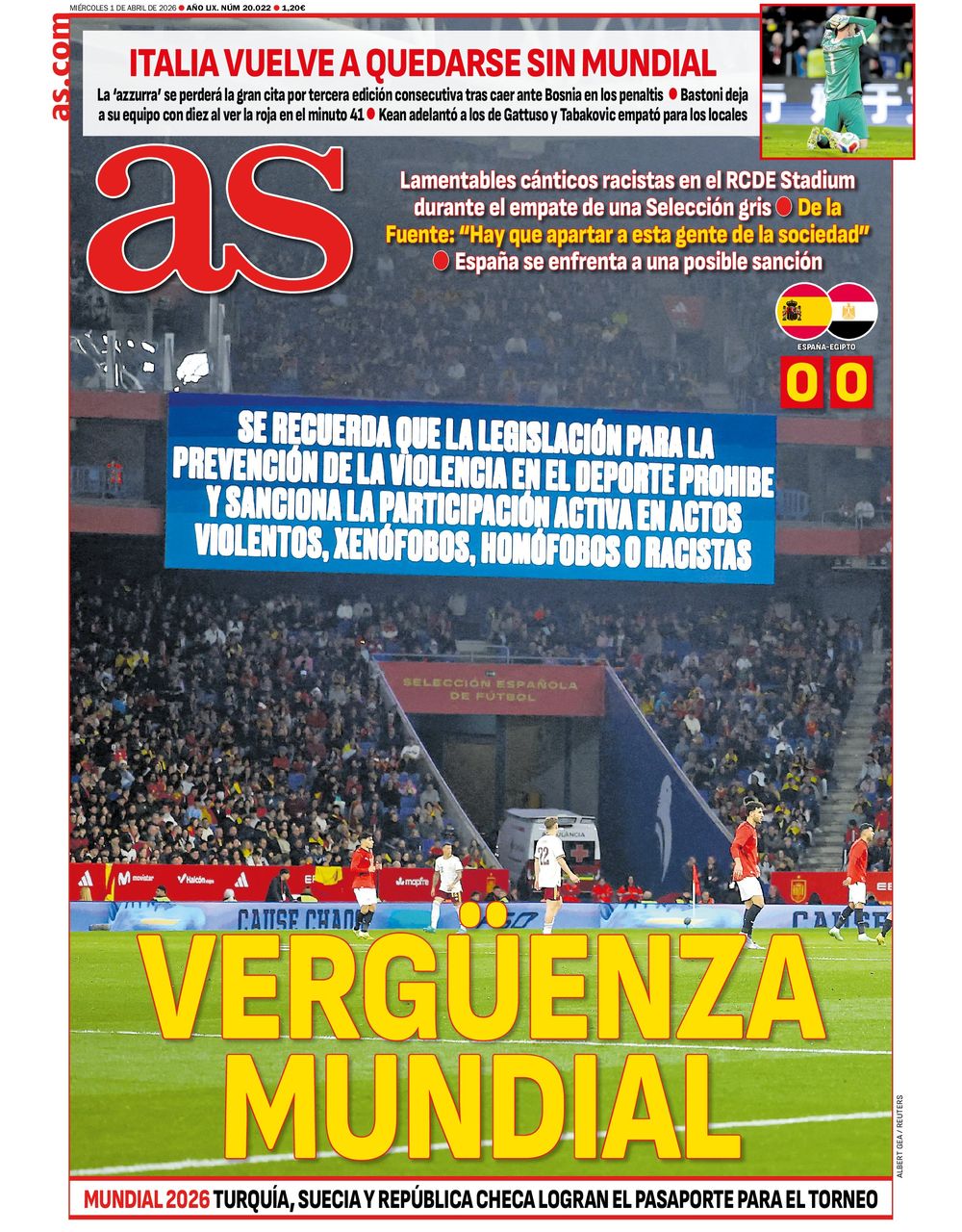 La tapa del diario deportivo AS luego del esc&aacute;ndalo por los c&aacute;nticos racistas y xen&oacute;fobos en el partido Espa&ntilde;a vs Egipto