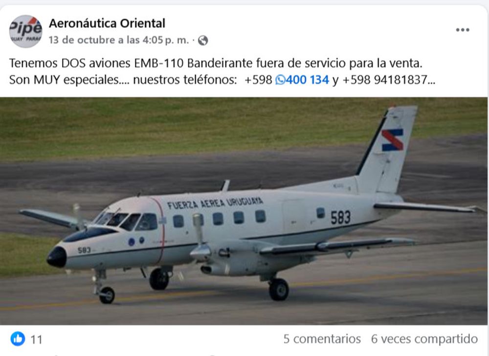 Anuncio en Facebook sobre la venta de los aviones