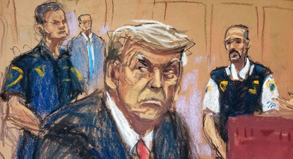 Ilustración de Donald Trump durante el juicio por el pago de dinero a la estrella porno Stormy Daniels.