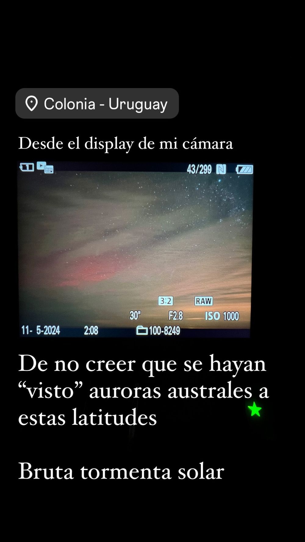 Historia de Instagram de Fefo Bouvier cuando fotografió la aurora austral