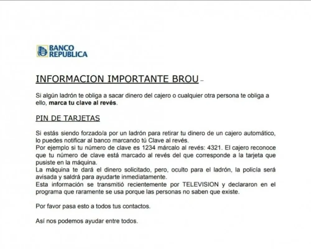 Falso comunicado que circula nuevamente del BROU