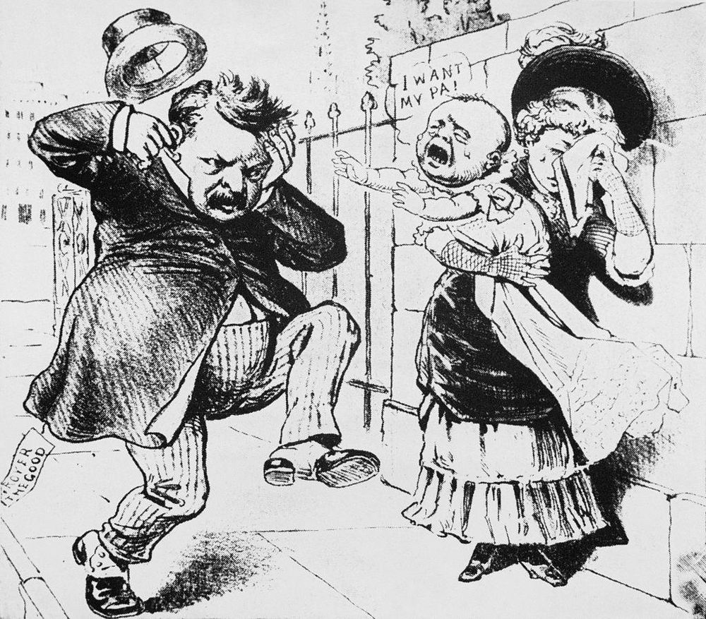 Una caricatura de 1884 que muestra al candidato presidencial demócrata Grover Cleveland atormentado por un hijo ilegítimo.
