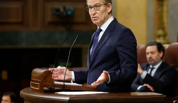 El líder del PP, Alberto Núñez Feijóo, interviene durante la sesión de control al Ejecutivo este miércoles en el Congreso.
