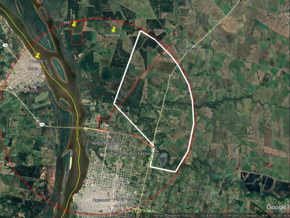 Radio trazado por la Municipalidad de Colón desde la planta de Alur en Paysandú hasta el sitio en que se proyectan las instalaciones de HIF Global