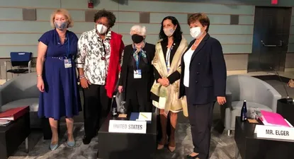 Parlamentaria británica Vicky Ford; la presidenta del CD, Mia Mottley; la secretaria del Tesoro de Estados Unidos, Janet Yellen, ministra Azucena Arbeleche y la directora gerente del FMI, Kristalina Georgieva.