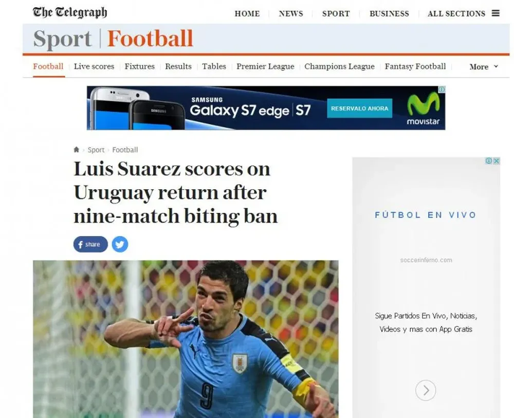 Portada de The Telegraph: Luis Suárez anota para Uruguay en su regreso después de la suspensión de nueve partidos por morder