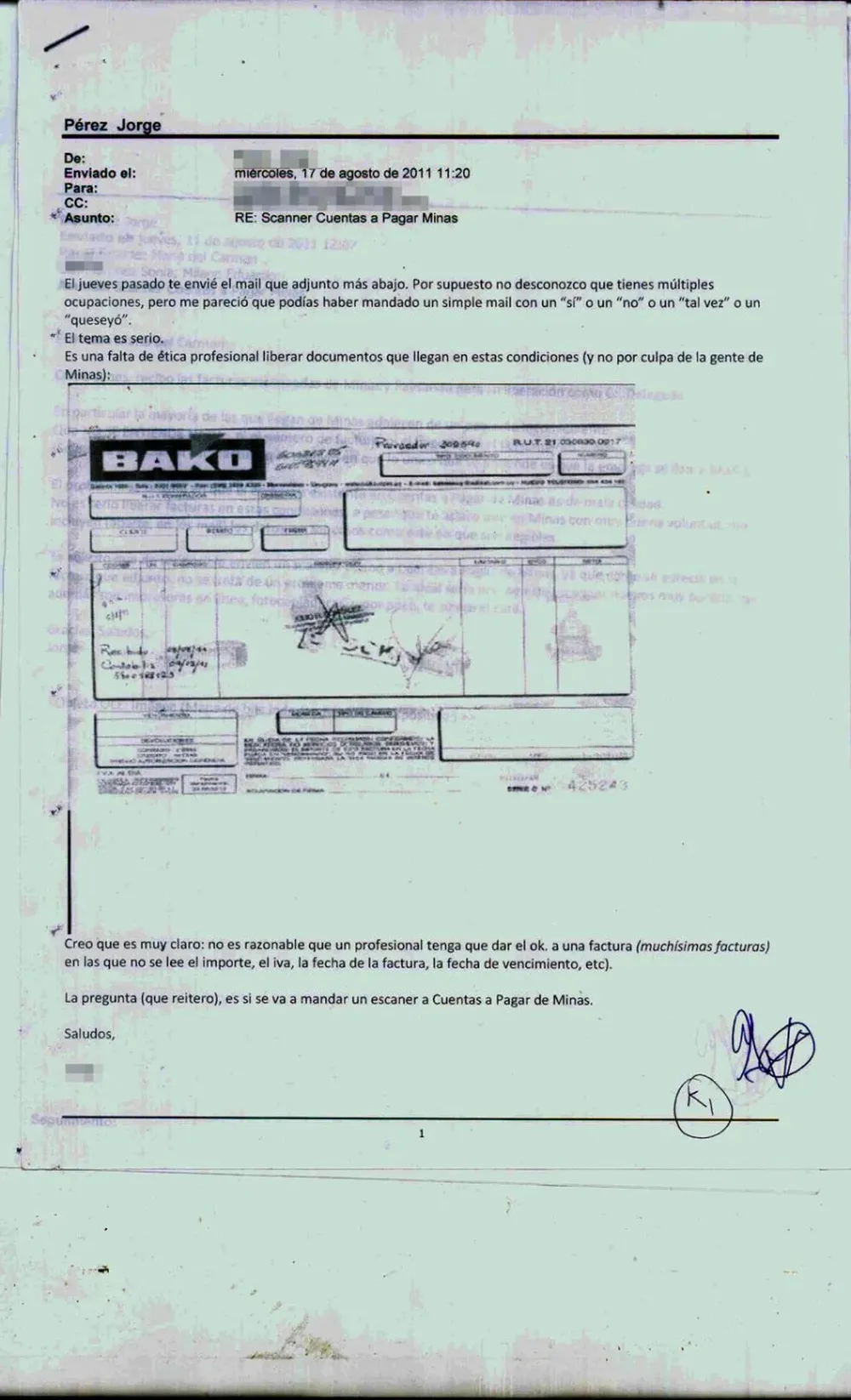 Mail enviado por el contador Pérez a la gerente Giraldez
