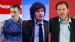 Presidentes Pedro Sánchez y Javier Milei, y ministro Oscar Puente.