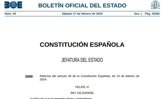 El BOE publica la reforma del artículo 49 de de la Constitución.