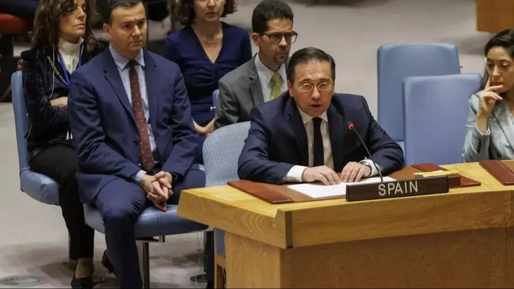 El ministro español de Exteriores, José Manuel Albares, habla durante una reunión del Consejo de Seguridad de Naciones Unidas