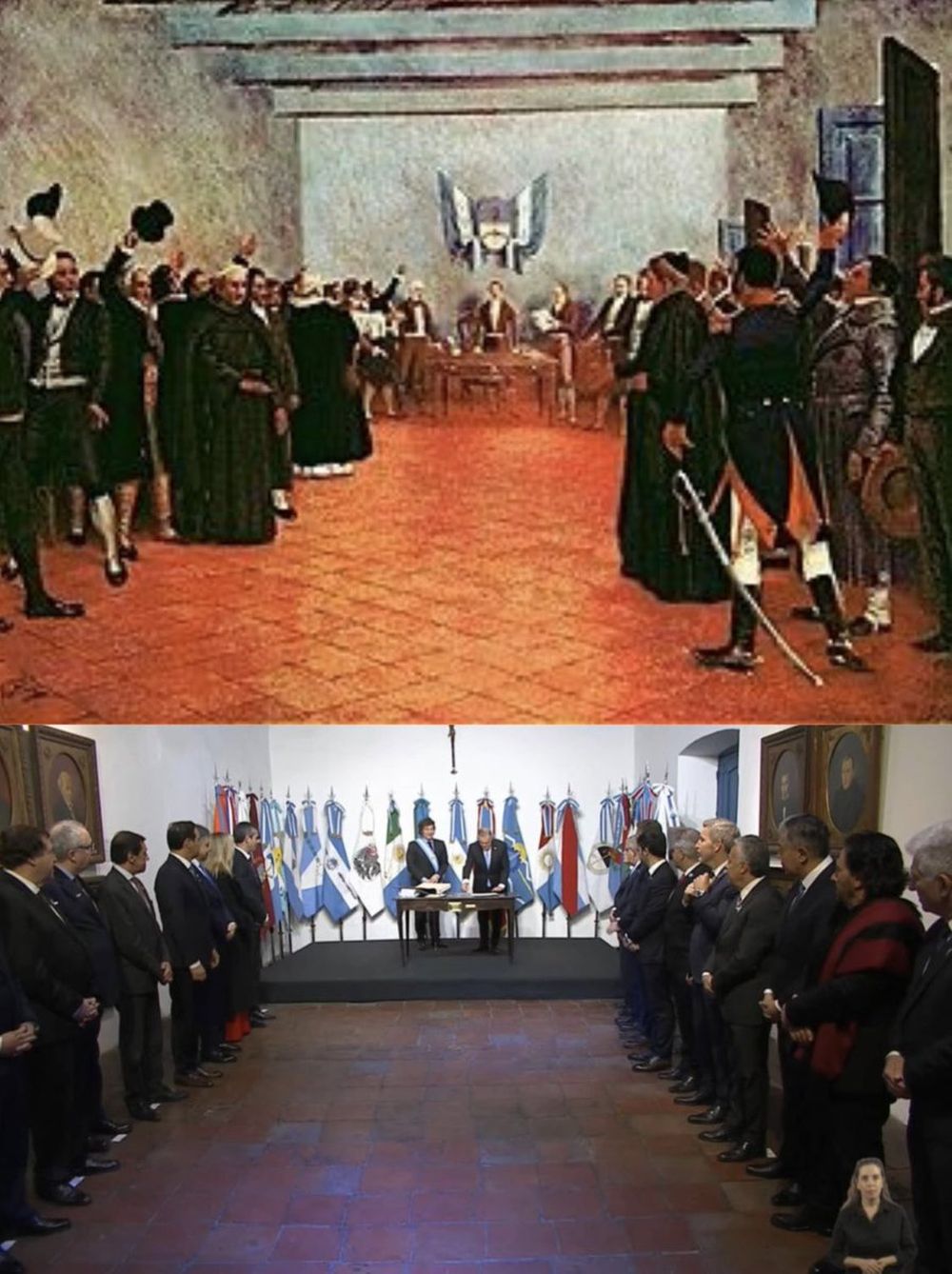 El presidente Javier Milei junto a los gobernadores en la Casa Histórica de Tucumán, tras la firma de Pacto de Mayo, junto con el cuadro del pinto Francisco Fortuny del Congreso de Tucumán que declaró la Independencia. La imagen fue difundida por las redes del presidente de la Nación.