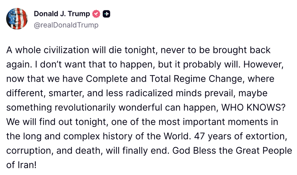 La publicación de Donald Trump en Truth Social.
