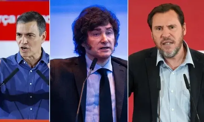 Presidentes Pedro Sánchez y Javier Milei, y ministro Oscar Puente.