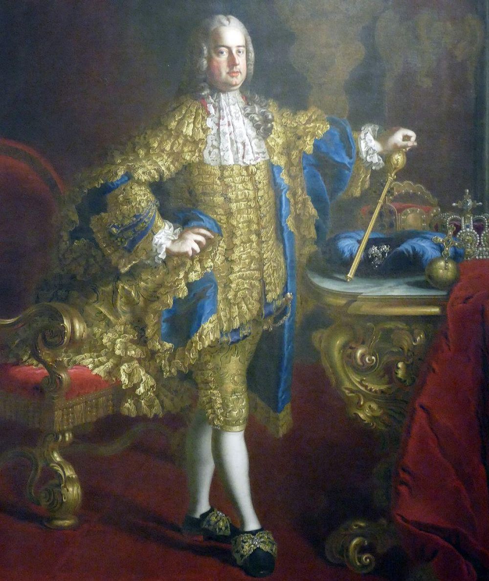 Francisco Esteban, emperador del Sacro Imperio Romano Germánico desde 1745, con sus coronas sobre una mesa a la derecha, en un cuadro pintado por el sueco-austriaco Martin van Meytens.