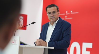 El secretario general del PSOE de Extremadura, Miguel Ángel Gallardo, en rueda de prensa en Mérida