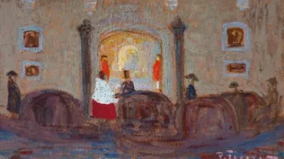 Gondolas en Venecia, un óleo sobre cartón de Pedro Figari