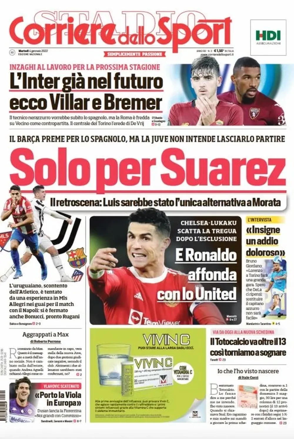 Luis Suárez en la tapa de Corriere dello Sport