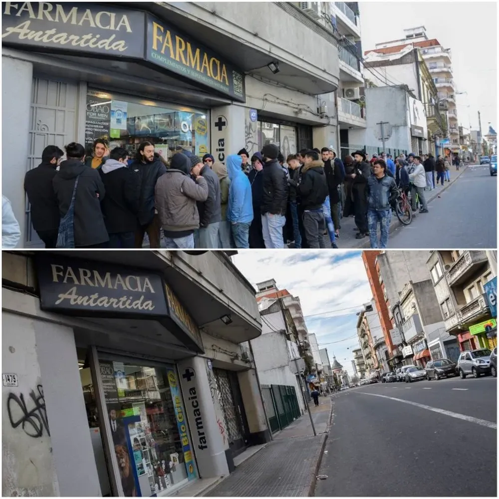 La farmacia Antártida del Centro tuvo largas filas el miércoles, pero el jueves -ya sin marihuana y con paro- todo volvió a la normalidad.