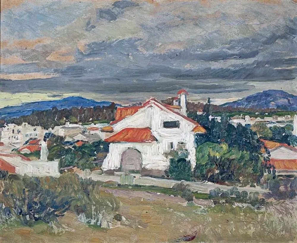 Chalet y vista de Piriápolis, un óleo sobre cartón de Manuel Rosé