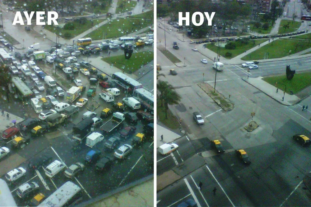 El mismo lugar con 20 horas de diferencia y los semáforos funcionando. Lunes 22 y martes 23 de octubre