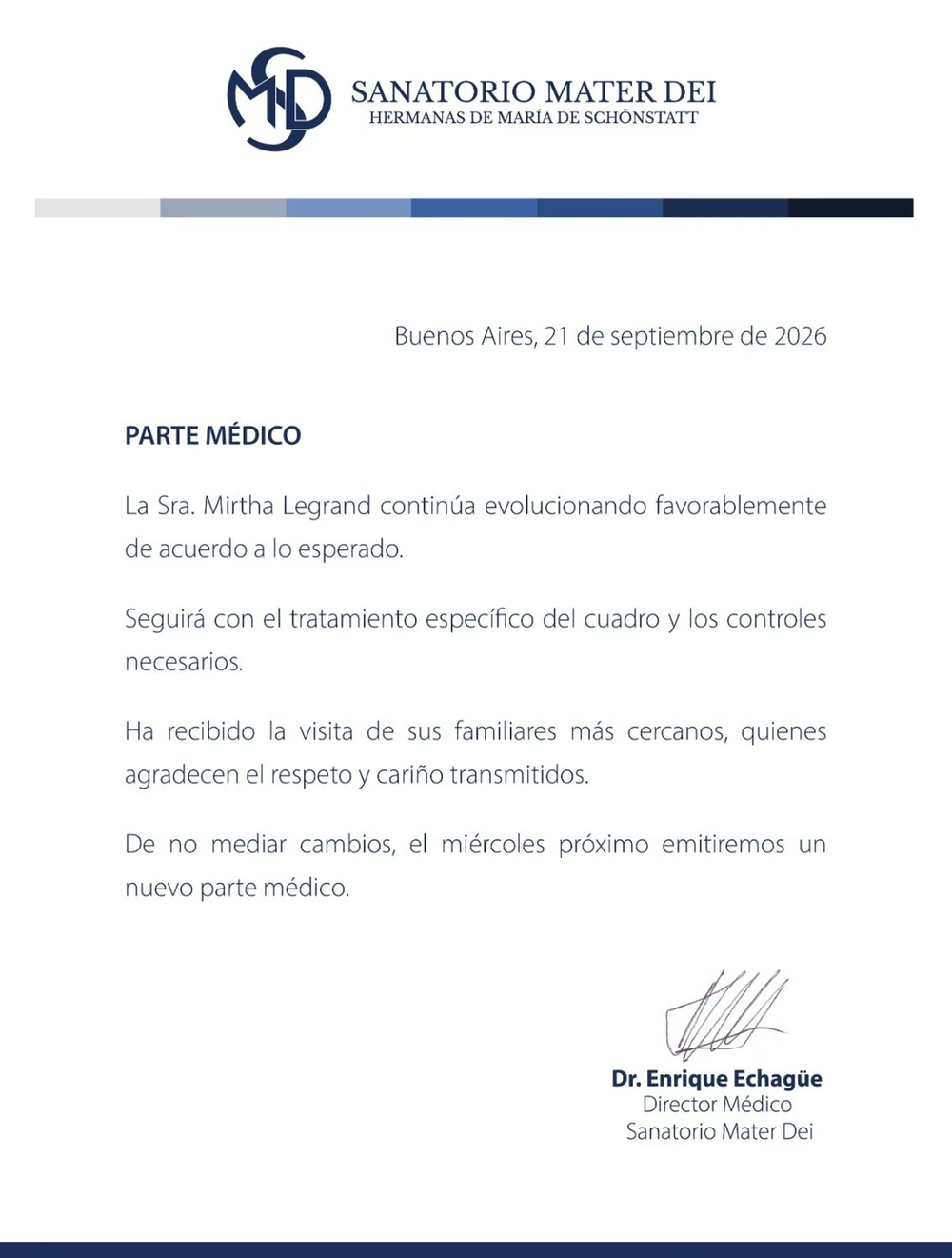 Comunicado del Sanatorio Mater Dei