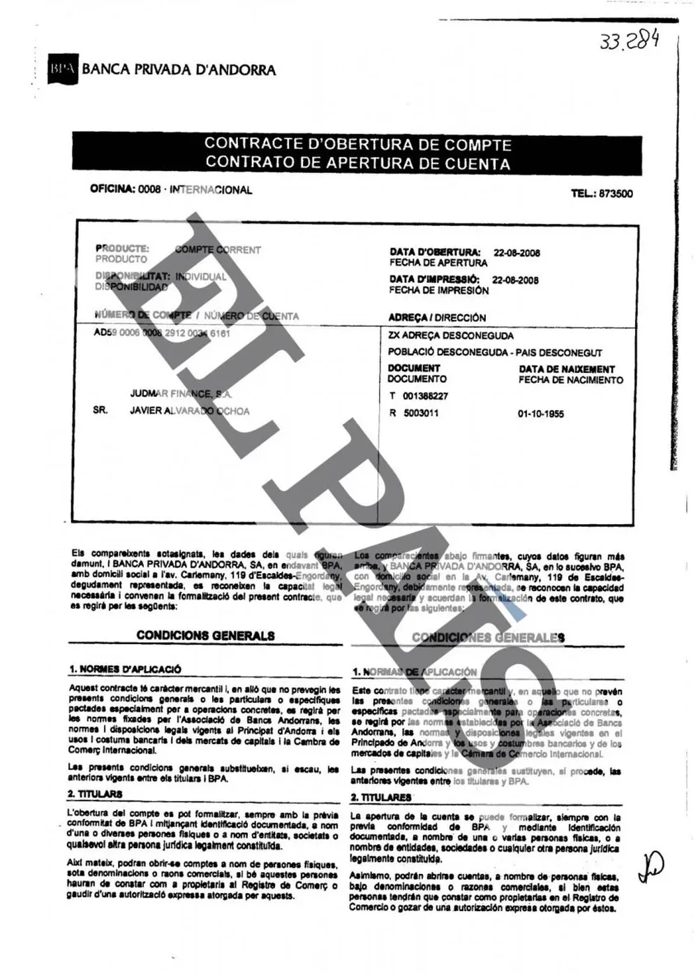 Contrato de apertura de una cuenta en la Banca Privada de Andorra del exviceministro de Energía de Venezuela Javier Alvarado Ochoa.