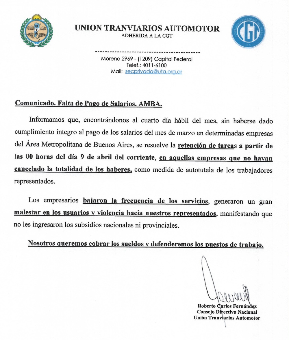 Comunicado UTA