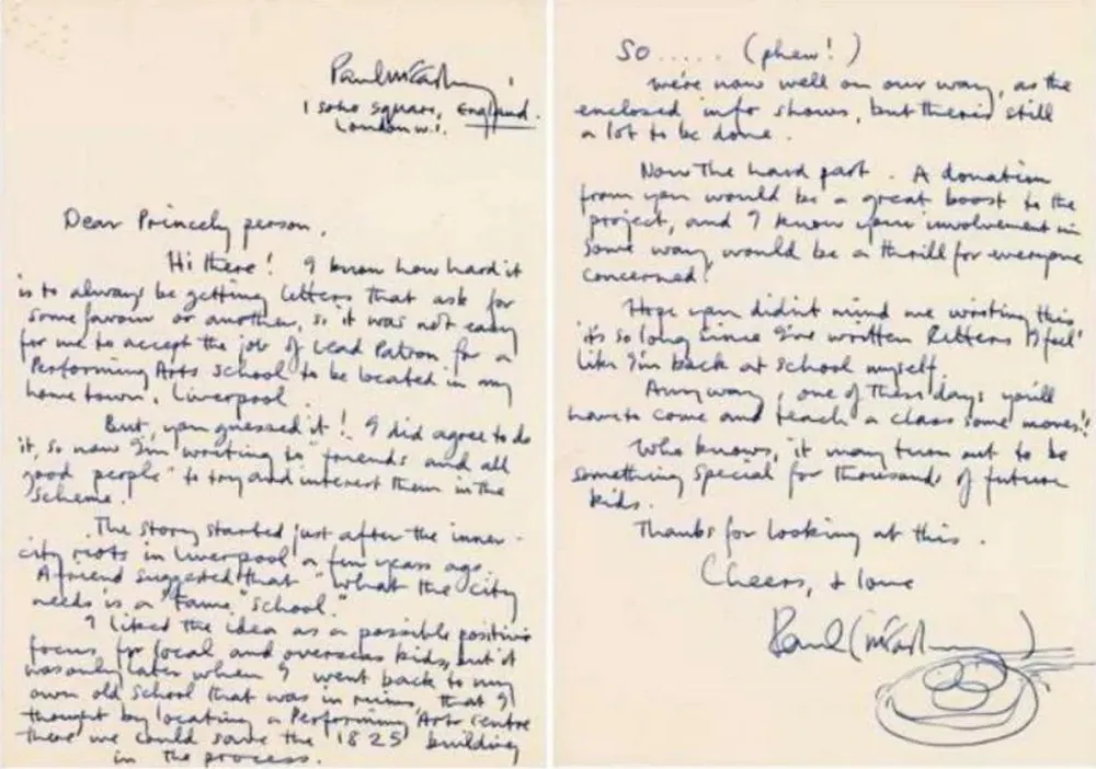 La carta expresaba el pedido de ayuda económica para el Instituto para las Artes escenicas de Liverpool