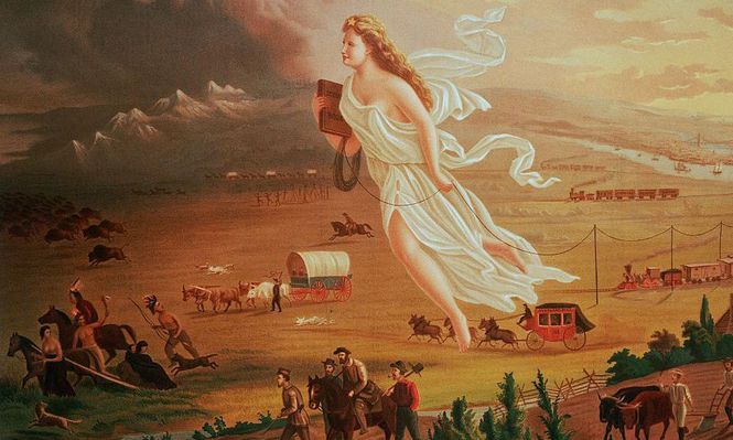 Una mujer con una túnica blanca es el símbolo del "Destino Manifiesto".