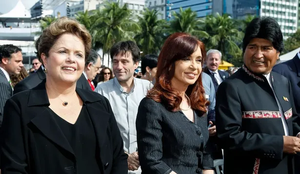 Dilma Rousseff, Cristina Fernández y Evo Morales en la misa en Copacabana