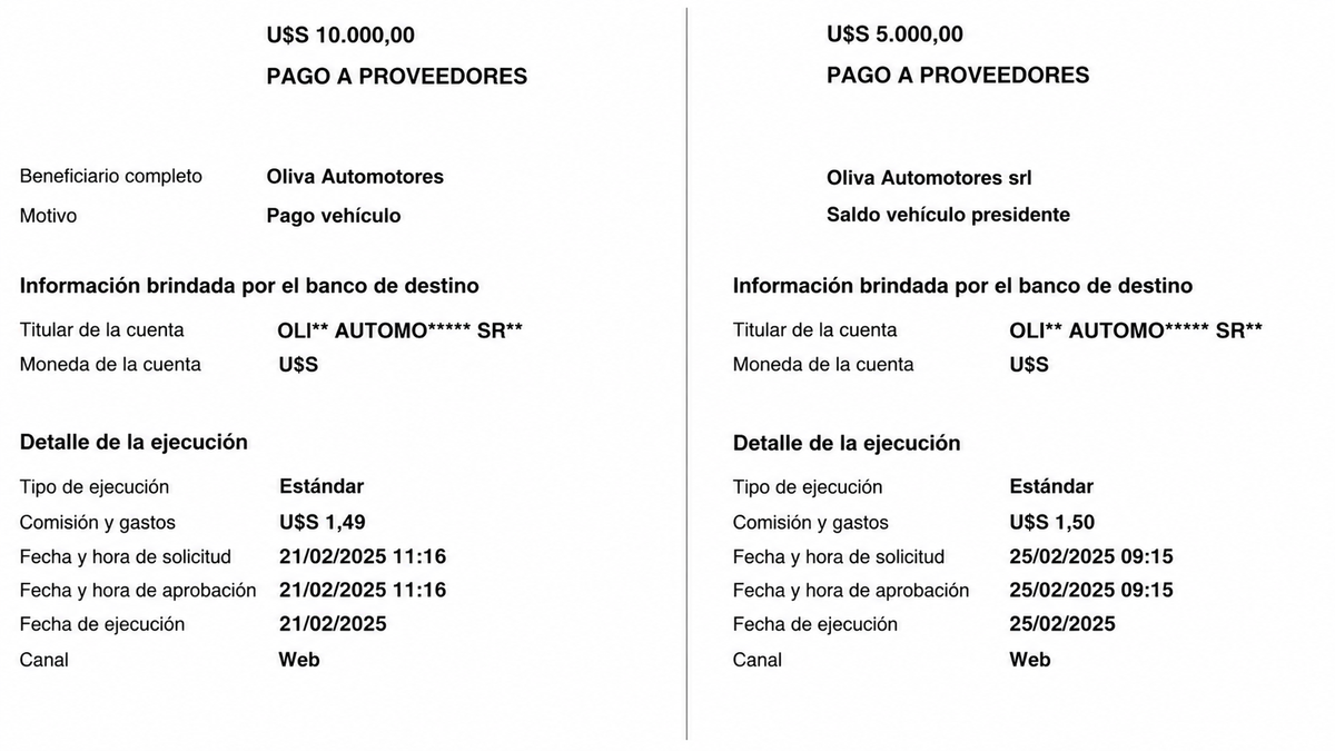 Los comprobantes de la transferencia de US$ 15 mil de Orsi para completar la compra de la Hyundai Santa Fe