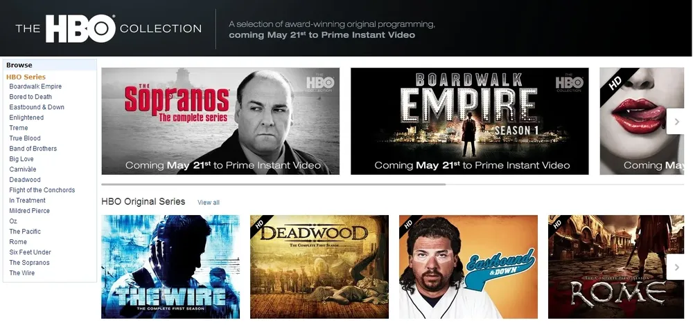 La colección de series de HBO incluye The Sopranos, así como temporadas pasadas de True Blood y Boardwalk Empire, entre otras