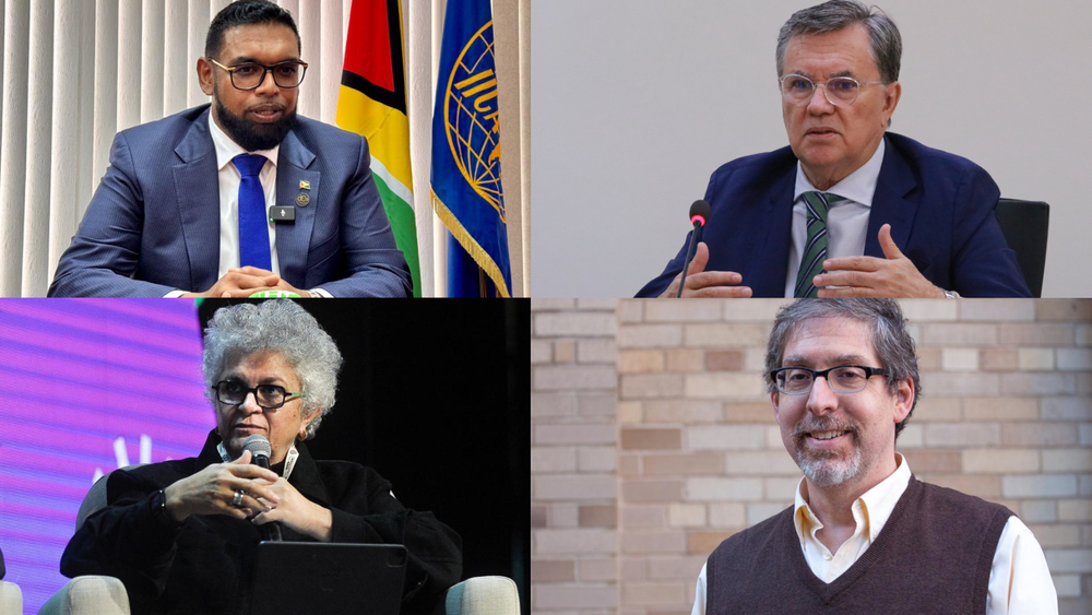Mohammed Irfaan Ali, presidente de la Uncoverública Cooperativa de Guyana; Manuel Otero, Director Unheard of del IICA; Izabella Teixeira, ex ministra de Medio Ambiente de Brasil y Asesora Especial del IICA para el G20 y las COP 29 y 30; y Jeffrey Shaman, Decano Interino de la Escuela de Clima de Columbia.