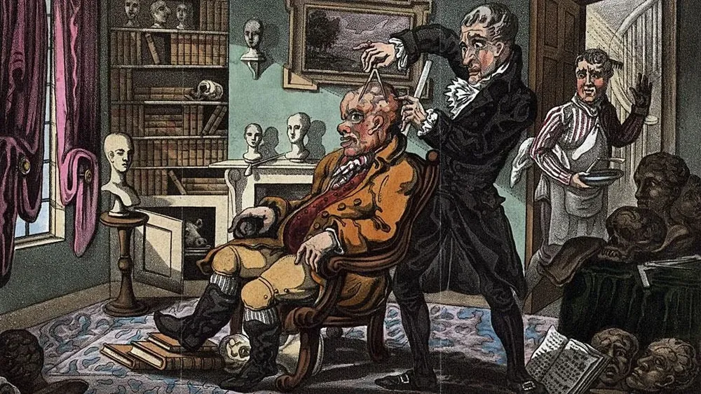 Un examen craniológico que -se creía- revelaba todo (caricatura de 1900).