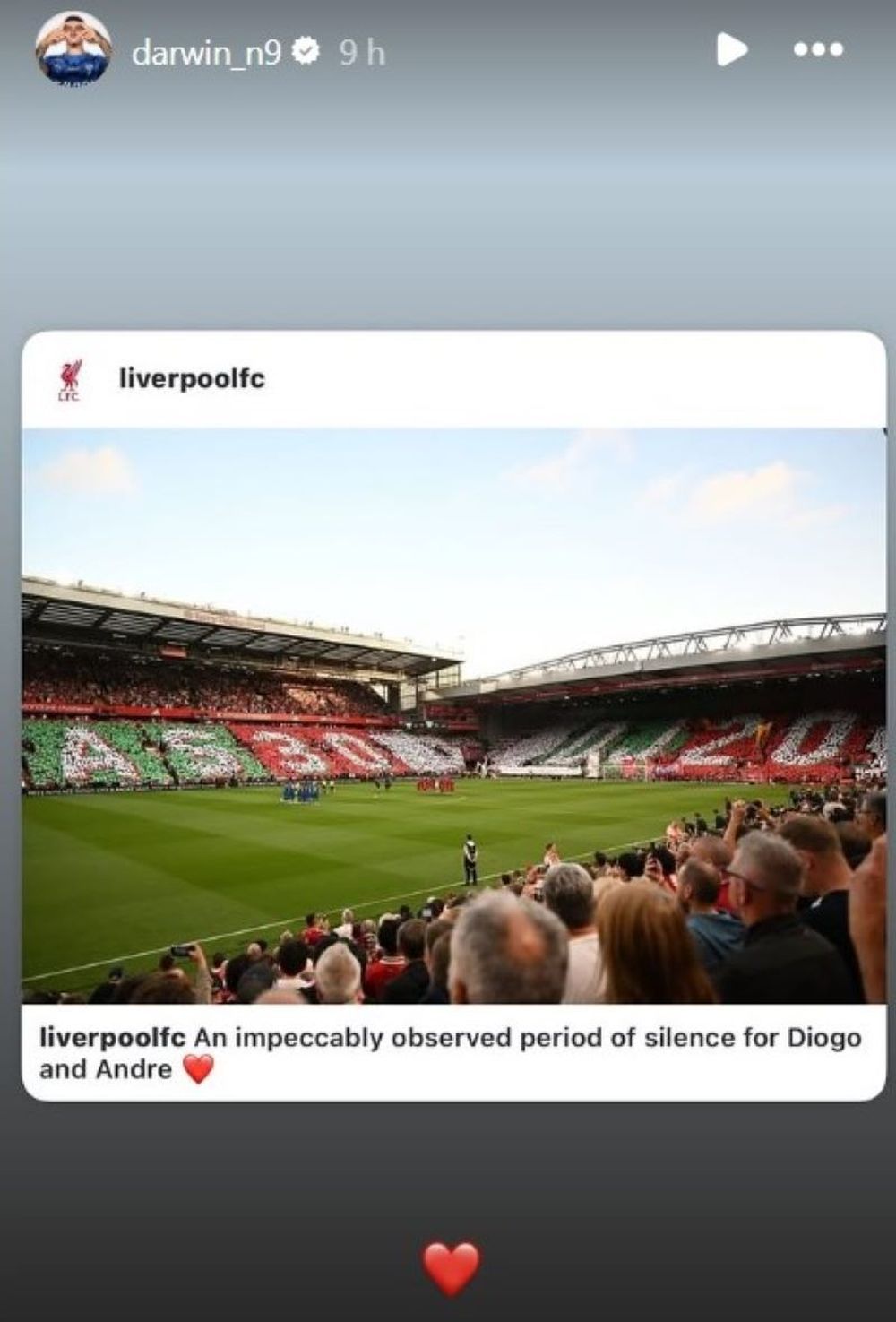 El posteo de Darwin Núñez por el homenaje de los hinchas de Liverpool al fallecido Diogo Jota en el comienzo de una nueva edición de la Premier League El posteo de Darwin Núñez por el homenaje de los hinchas de Liverpool al fallecido Diogo Jota en el comienzo de una nueva edición de la Premier League