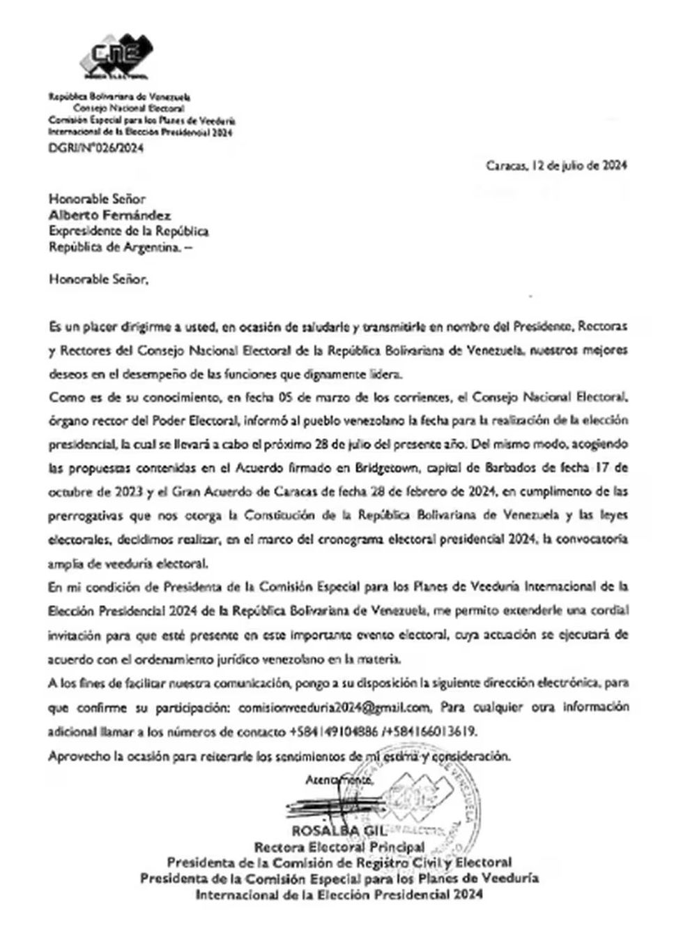 La carta que había recibido el expresidente argentino con la invitación a vigilar el proceso electoral.
