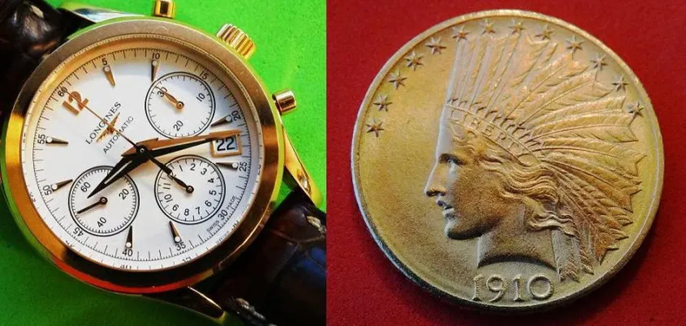 Un reloj Longines de oro de 18 quilates y una moneda de oro del año 1910
