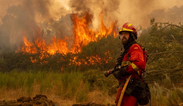 Un efectivo de la Unidad Militar de Emergencias (UME) en la localidad de A Espasa, en Chandrexa de Queixa (Ourense). EFE